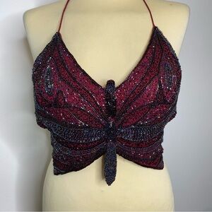 5-7-9 Vintage Burgundy Beaded Tie Back Butterfly Top